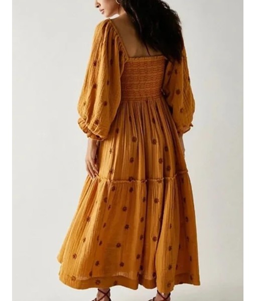 Women Floral Embroidered Maxi Dress Long Puff Sleeve Square Neck Bohemian Flowy Dress with Pockets Summer Fall