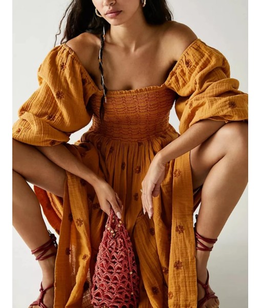 Women Floral Embroidered Maxi Dress Long Puff Sleeve Square Neck Bohemian Flowy Dress with Pockets Summer Fall