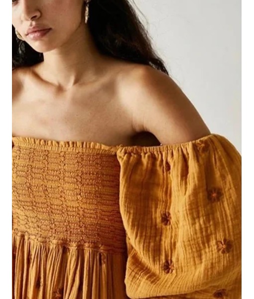 Women Floral Embroidered Maxi Dress Long Puff Sleeve Square Neck Bohemian Flowy Dress with Pockets Summer Fall