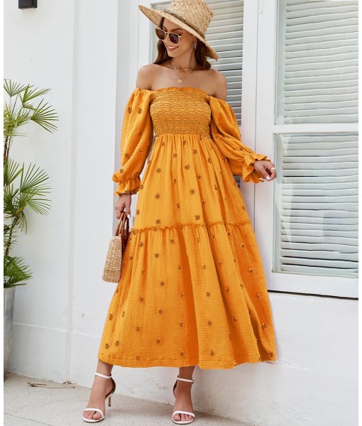 Women Floral Embroidered Maxi Dress Long Puff Sleeve Square Neck Bohemian Flowy Dress with Pockets Summer Fall