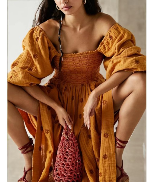 Women Floral Embroidered Maxi Dress Long Puff Sleeve Square Neck Bohemian Flowy Dress with Pockets Summer Fall