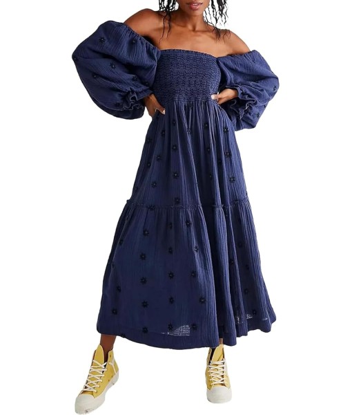 Women Floral Embroidered Maxi Dress Long Puff Sleeve Square Neck Bohemian Flowy Dress with Pockets Summer Fall