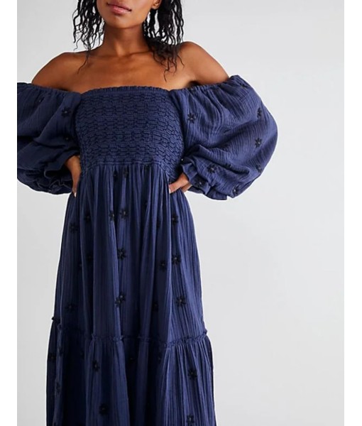 Women Floral Embroidered Maxi Dress Long Puff Sleeve Square Neck Bohemian Flowy Dress with Pockets Summer Fall