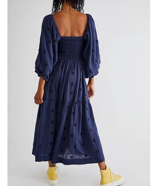 Women Floral Embroidered Maxi Dress Long Puff Sleeve Square Neck Bohemian Flowy Dress with Pockets Summer Fall