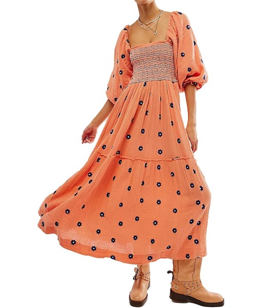 Women Floral Embroidered Maxi Dress Long Puff Sleeve Square Neck Bohemian Flowy Dress with Pockets Summer Fall