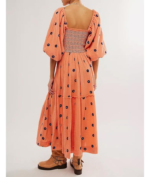 Women Floral Embroidered Maxi Dress Long Puff Sleeve Square Neck Bohemian Flowy Dress with Pockets Summer Fall