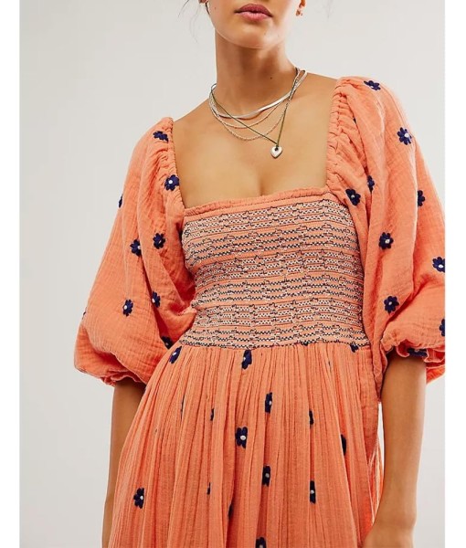 Women Floral Embroidered Maxi Dress Long Puff Sleeve Square Neck Bohemian Flowy Dress with Pockets Summer Fall