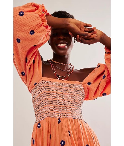 Women Floral Embroidered Maxi Dress Long Puff Sleeve Square Neck Bohemian Flowy Dress with Pockets Summer Fall