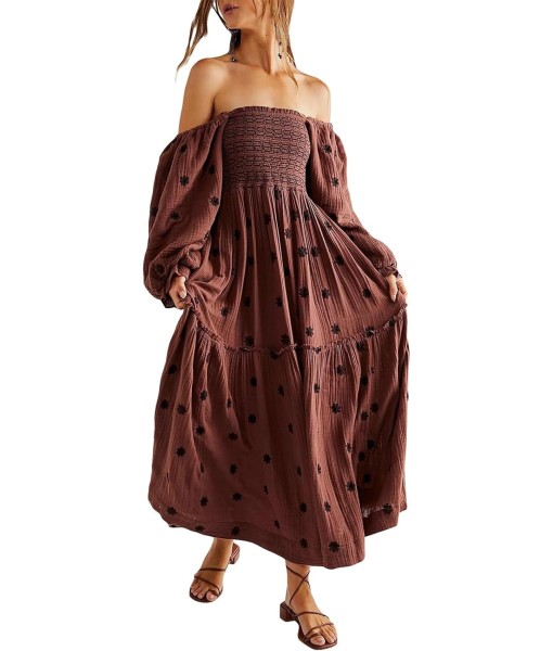 Women Floral Embroidered Maxi Dress Long Puff Sleeve Square Neck Bohemian Flowy Dress with Pockets Summer Fall