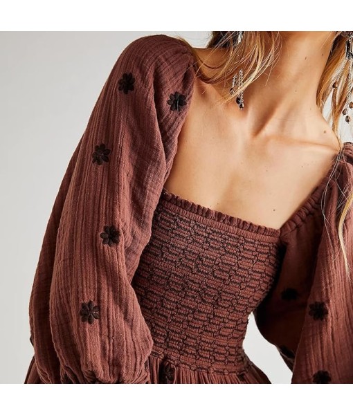 Women Floral Embroidered Maxi Dress Long Puff Sleeve Square Neck Bohemian Flowy Dress with Pockets Summer Fall