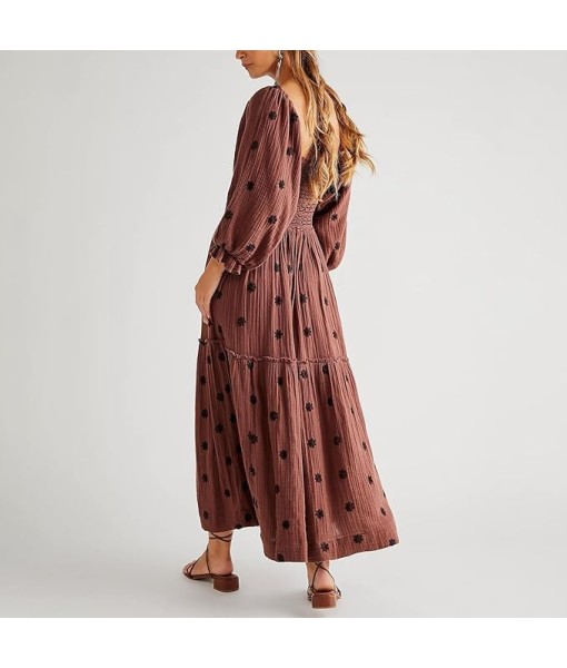 Women Floral Embroidered Maxi Dress Long Puff Sleeve Square Neck Bohemian Flowy Dress with Pockets Summer Fall