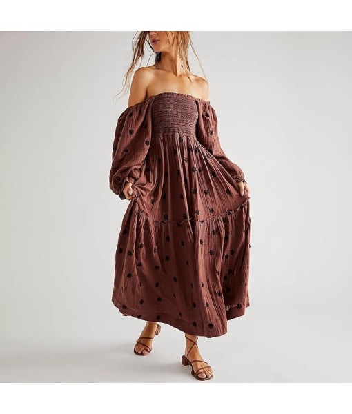 Women Floral Embroidered Maxi Dress Long Puff Sleeve Square Neck Bohemian Flowy Dress with Pockets Summer Fall
