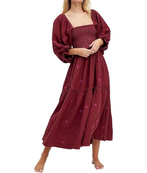 Women Floral Embroidered Maxi Dress Long Puff Sleeve Square Neck Bohemian Flowy Dress with Pockets Summer Fall