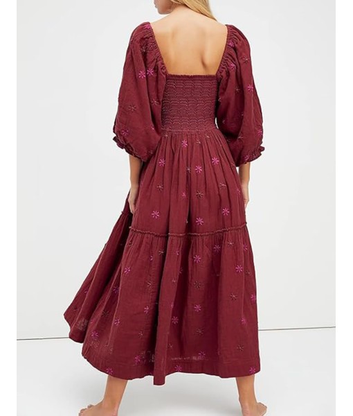 Women Floral Embroidered Maxi Dress Long Puff Sleeve Square Neck Bohemian Flowy Dress with Pockets Summer Fall