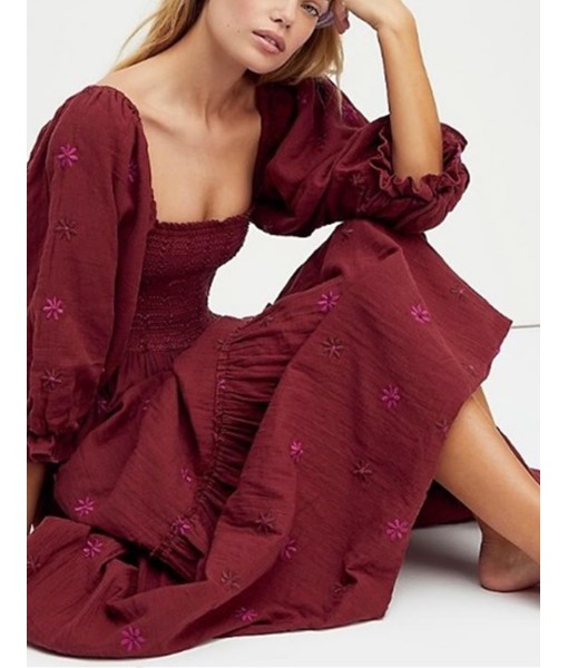 Women Floral Embroidered Maxi Dress Long Puff Sleeve Square Neck Bohemian Flowy Dress with Pockets Summer Fall