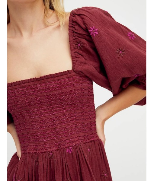 Women Floral Embroidered Maxi Dress Long Puff Sleeve Square Neck Bohemian Flowy Dress with Pockets Summer Fall