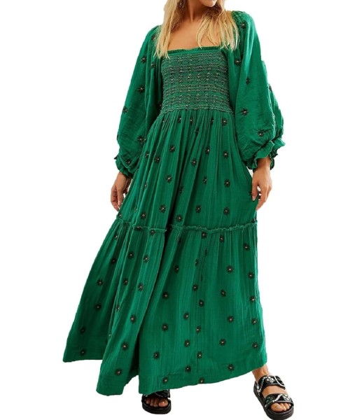 Women Floral Embroidered Maxi Dress Long Puff Sleeve Square Neck Bohemian Flowy Dress with Pockets Summer Fall