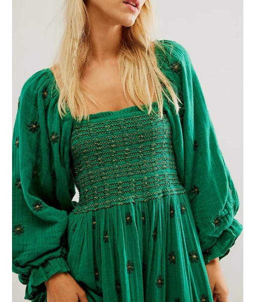 Women Floral Embroidered Maxi Dress Long Puff Sleeve Square Neck Bohemian Flowy Dress with Pockets Summer Fall