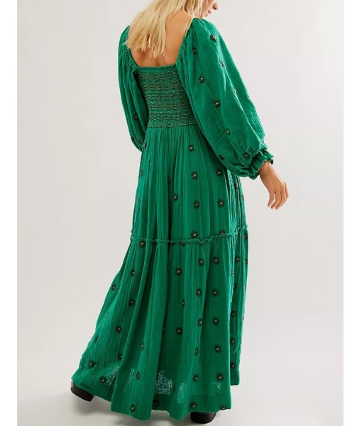 Women Floral Embroidered Maxi Dress Long Puff Sleeve Square Neck Bohemian Flowy Dress with Pockets Summer Fall