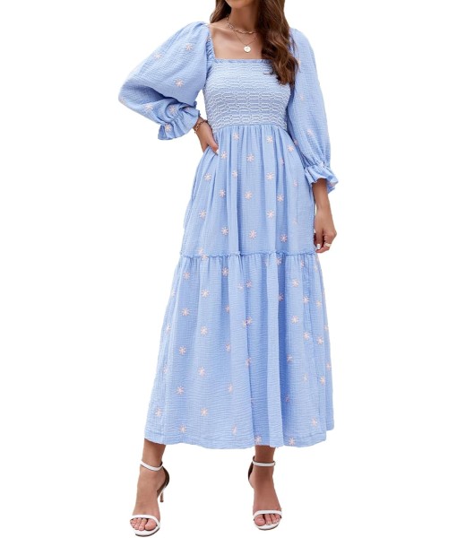Women Floral Embroidered Maxi Dress Long Puff Sleeve Square Neck Bohemian Flowy Dress with Pockets Summer Fall