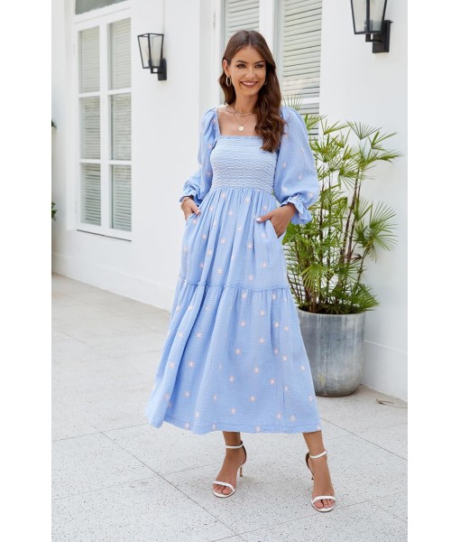 Women Floral Embroidered Maxi Dress Long Puff Sleeve Square Neck Bohemian Flowy Dress with Pockets Summer Fall