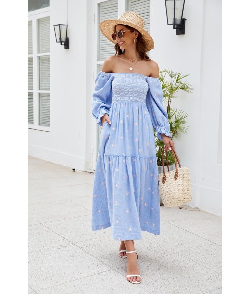 Women Floral Embroidered Maxi Dress Long Puff Sleeve Square Neck Bohemian Flowy Dress with Pockets Summer Fall
