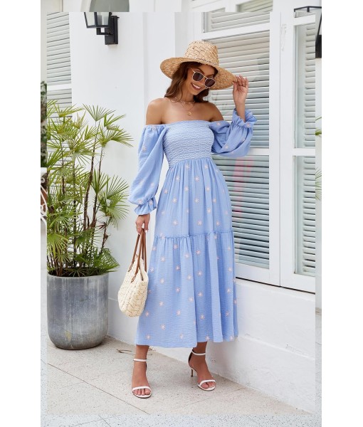 Women Floral Embroidered Maxi Dress Long Puff Sleeve Square Neck Bohemian Flowy Dress with Pockets Summer Fall