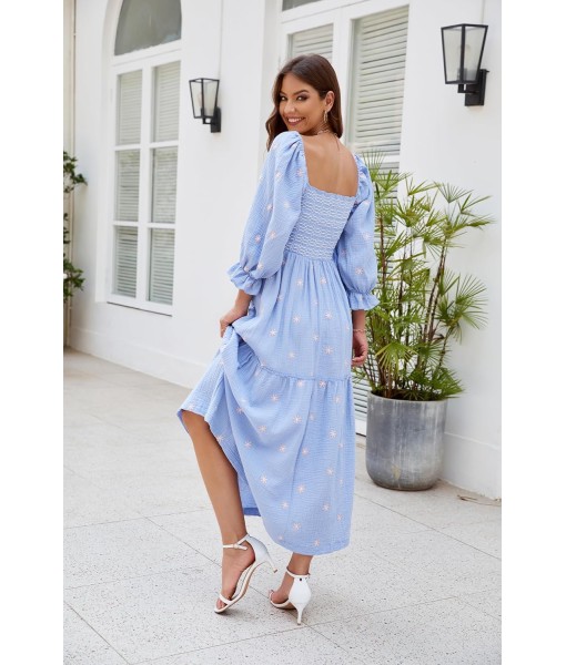 Women Floral Embroidered Maxi Dress Long Puff Sleeve Square Neck Bohemian Flowy Dress with Pockets Summer Fall