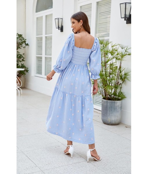 Women Floral Embroidered Maxi Dress Long Puff Sleeve Square Neck Bohemian Flowy Dress with Pockets Summer Fall