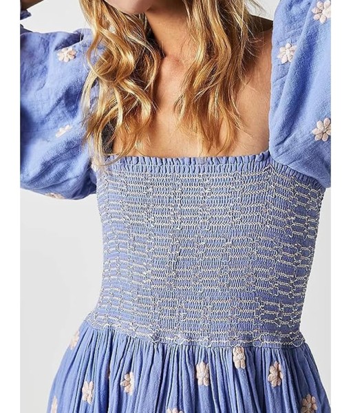 Women Floral Embroidered Maxi Dress Long Puff Sleeve Square Neck Bohemian Flowy Dress with Pockets Summer Fall