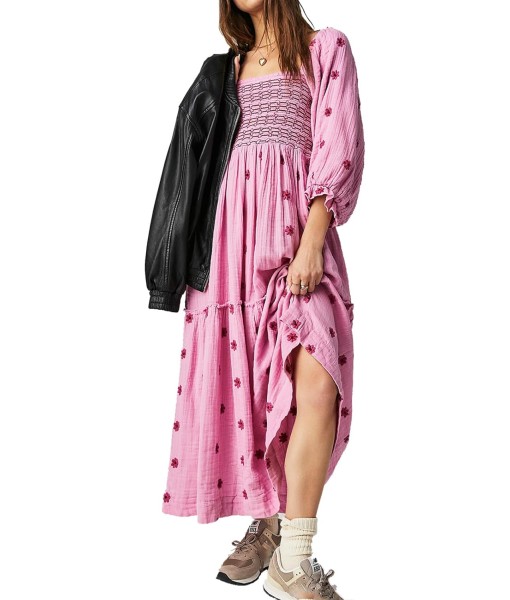 Women Floral Embroidered Maxi Dress Long Puff Sleeve Square Neck Bohemian Flowy Dress with Pockets Summer Fall