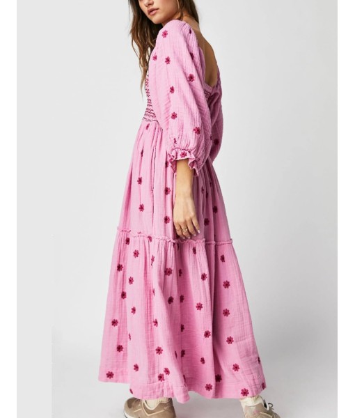 Women Floral Embroidered Maxi Dress Long Puff Sleeve Square Neck Bohemian Flowy Dress with Pockets Summer Fall