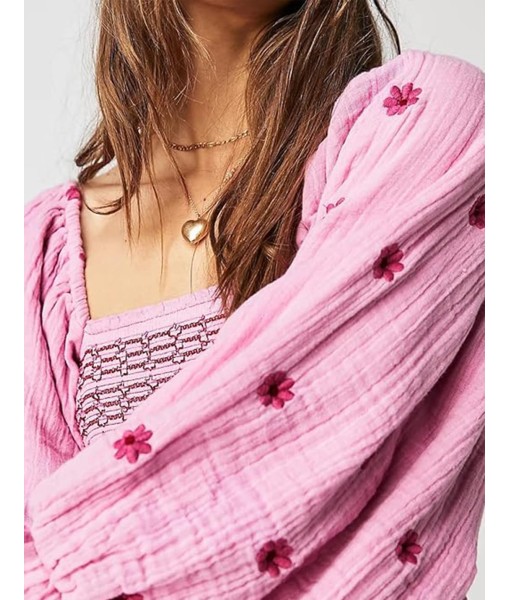 Women Floral Embroidered Maxi Dress Long Puff Sleeve Square Neck Bohemian Flowy Dress with Pockets Summer Fall