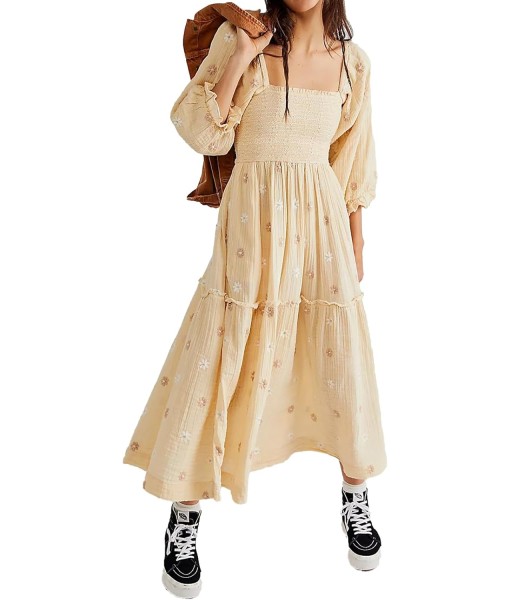 Women Floral Embroidered Maxi Dress Long Puff Sleeve Square Neck Bohemian Flowy Dress with Pockets Summer Fall