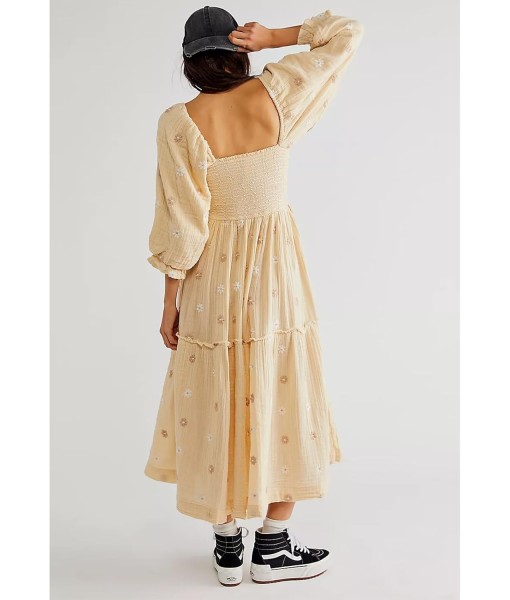 Women Floral Embroidered Maxi Dress Long Puff Sleeve Square Neck Bohemian Flowy Dress with Pockets Summer Fall