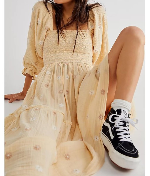 Women Floral Embroidered Maxi Dress Long Puff Sleeve Square Neck Bohemian Flowy Dress with Pockets Summer Fall