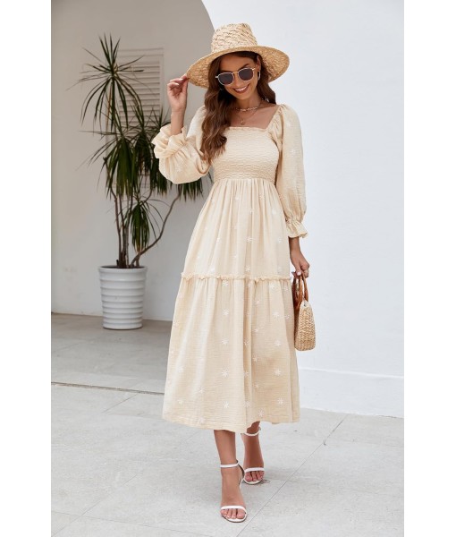 Women Floral Embroidered Maxi Dress Long Puff Sleeve Square Neck Bohemian Flowy Dress with Pockets Summer Fall