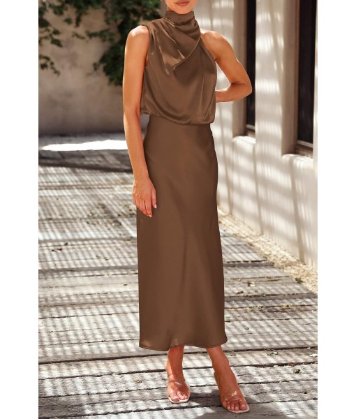 PRETTYGARDEN Women's 2025 Summer Satin Dress Elegant Sleeveless Mock Neck Cocktail Party Maxi Dresses