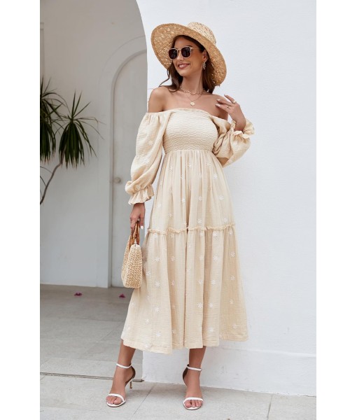 Women Floral Embroidered Maxi Dress Long Puff Sleeve Square Neck Bohemian Flowy Dress with Pockets Summer Fall