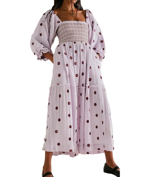 Women Floral Embroidered Maxi Dress Long Puff Sleeve Square Neck Bohemian Flowy Dress with Pockets Summer Fall