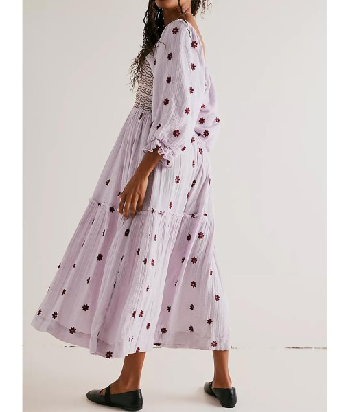 Women Floral Embroidered Maxi Dress Long Puff Sleeve Square Neck Bohemian Flowy Dress with Pockets Summer Fall