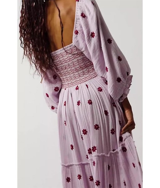 Women Floral Embroidered Maxi Dress Long Puff Sleeve Square Neck Bohemian Flowy Dress with Pockets Summer Fall