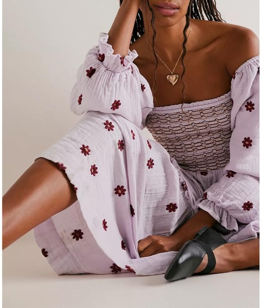 Women Floral Embroidered Maxi Dress Long Puff Sleeve Square Neck Bohemian Flowy Dress with Pockets Summer Fall