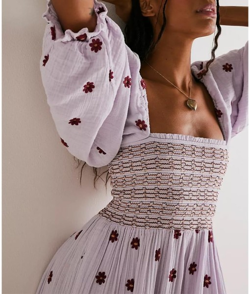 Women Floral Embroidered Maxi Dress Long Puff Sleeve Square Neck Bohemian Flowy Dress with Pockets Summer Fall