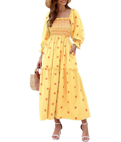 Women Floral Embroidered Maxi Dress Long Puff Sleeve Square Neck Bohemian Flowy Dress with Pockets Summer Fall