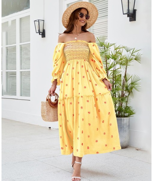 Women Floral Embroidered Maxi Dress Long Puff Sleeve Square Neck Bohemian Flowy Dress with Pockets Summer Fall
