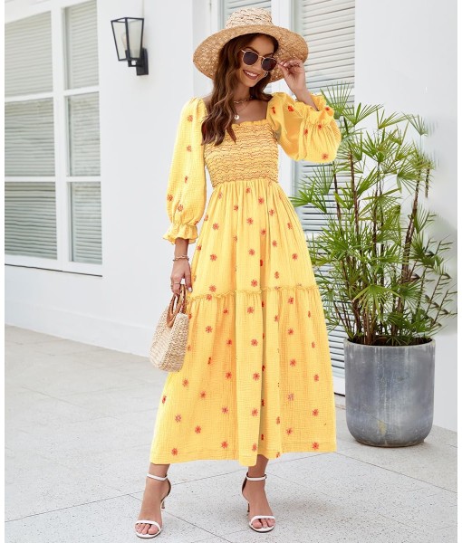 Women Floral Embroidered Maxi Dress Long Puff Sleeve Square Neck Bohemian Flowy Dress with Pockets Summer Fall