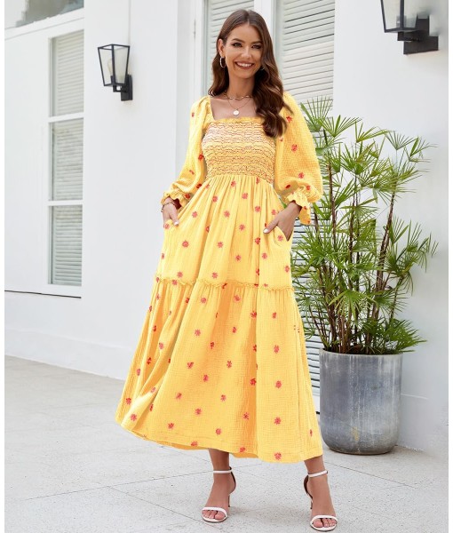 Women Floral Embroidered Maxi Dress Long Puff Sleeve Square Neck Bohemian Flowy Dress with Pockets Summer Fall