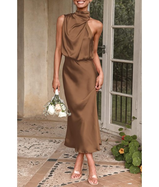 PRETTYGARDEN Women's 2025 Summer Satin Dress Elegant Sleeveless Mock Neck Cocktail Party Maxi Dresses