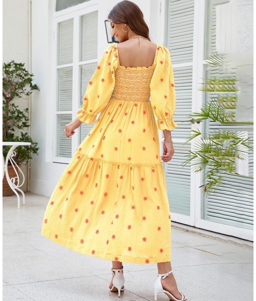 Women Floral Embroidered Maxi Dress Long Puff Sleeve Square Neck Bohemian Flowy Dress with Pockets Summer Fall